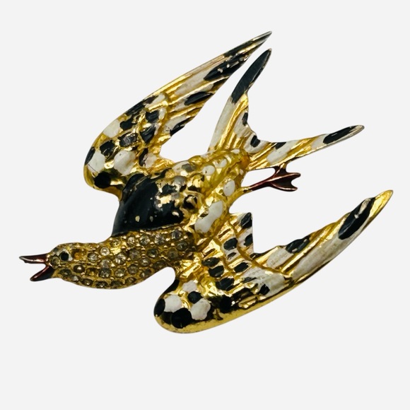 Vintage Jewelry - Vintage 1940’s Swallow Enamel Rhinestone Bird in Flight Brooch
